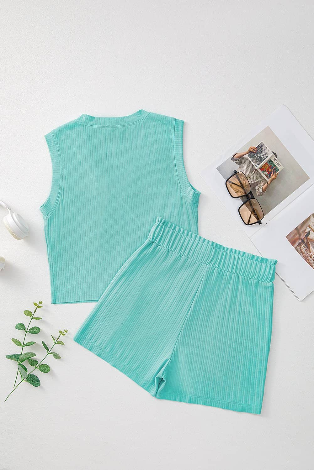 Mint Green Ribbed Button V Neck Tank Top And Shorts Set