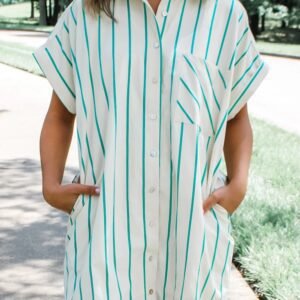 Mint Green St Patricks Striped Wide Short Sleeve Shift Mini Shirt Dress