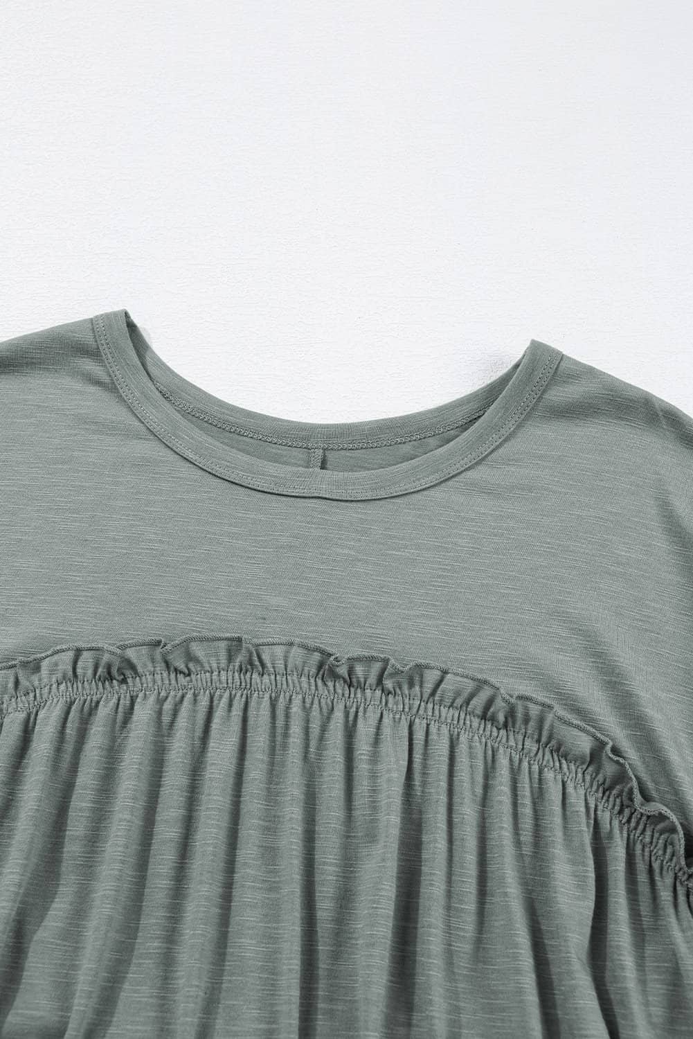 Mist Green Frilled Gathered Seam Round Neck T Shirt Dress