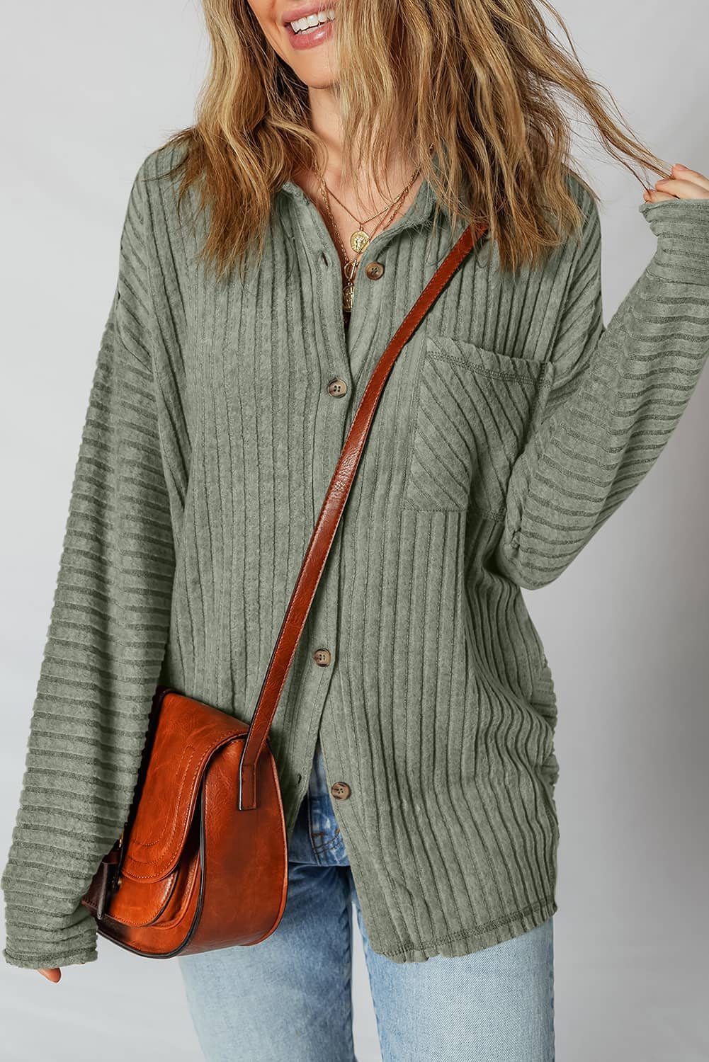 Mist Green Thermal Ribbed Texture Drop Shoulder Button Up Shacket