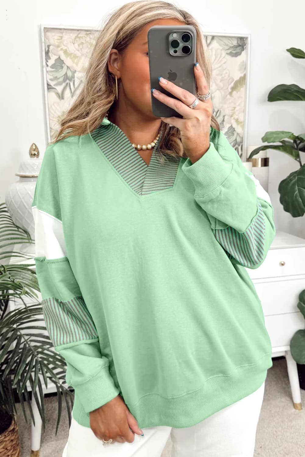 Moonlight Jade Color Block Striped Patchwork Collar V Neck Plus Size Sweatshirt