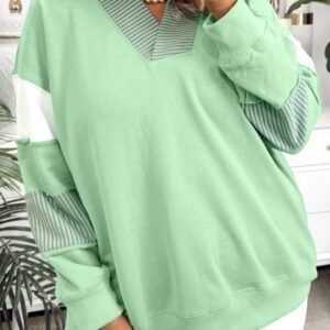 Moonlight Jade Color Block Striped Patchwork Collar V Neck Plus Size Sweatshirt