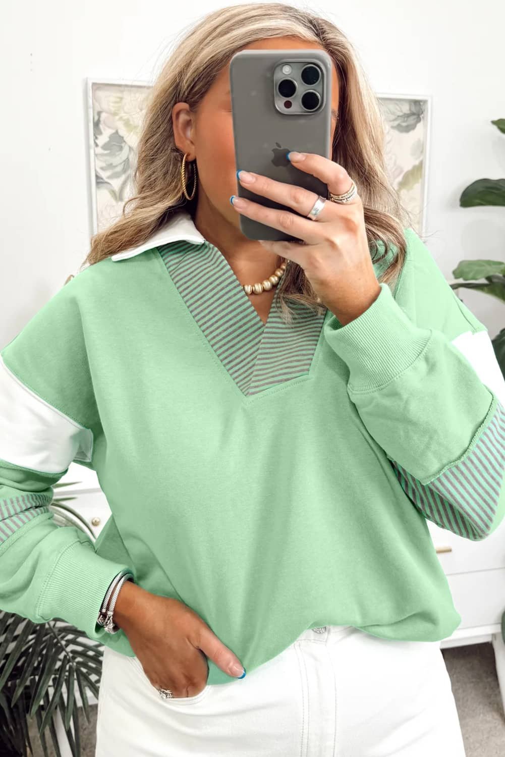 Moonlight Jade Color Block Striped Patchwork Collar V Neck Plus Size Sweatshirt