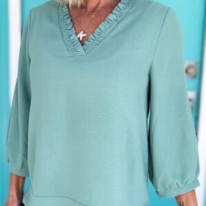 Moonlight Jade Frilled V Neckline Bracelet Sleeve Crinkled Blouse
