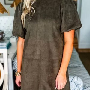 Moss Green Frilled Round Neck Short Puff Sleeve Shift Mini Dress