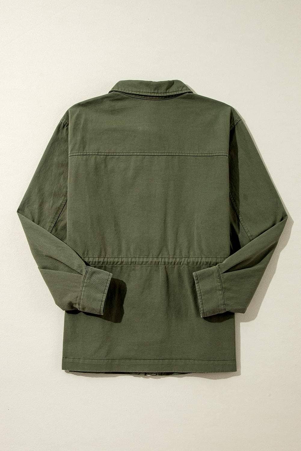 Moss Green Snap Button Zipper Tight Waist Collared Jacket