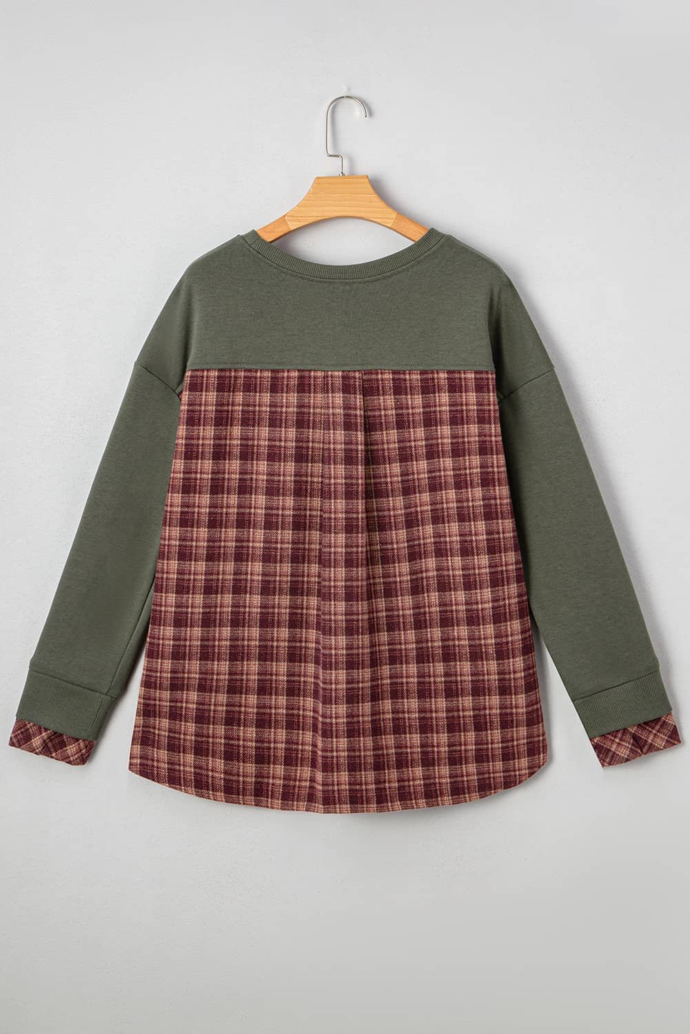 Moss Green Vintage Plaid Patchwork Drop Shoulder Sweatshirt