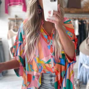 Multicolor Abstract Geometry Print Half Puff Sleeve Loose Shirt