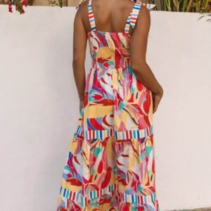 Multicolor Abstract Print Striped Trim Maxi Sundress