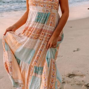 Multicolor Boho Patchwork Print Square Neck Sundress
