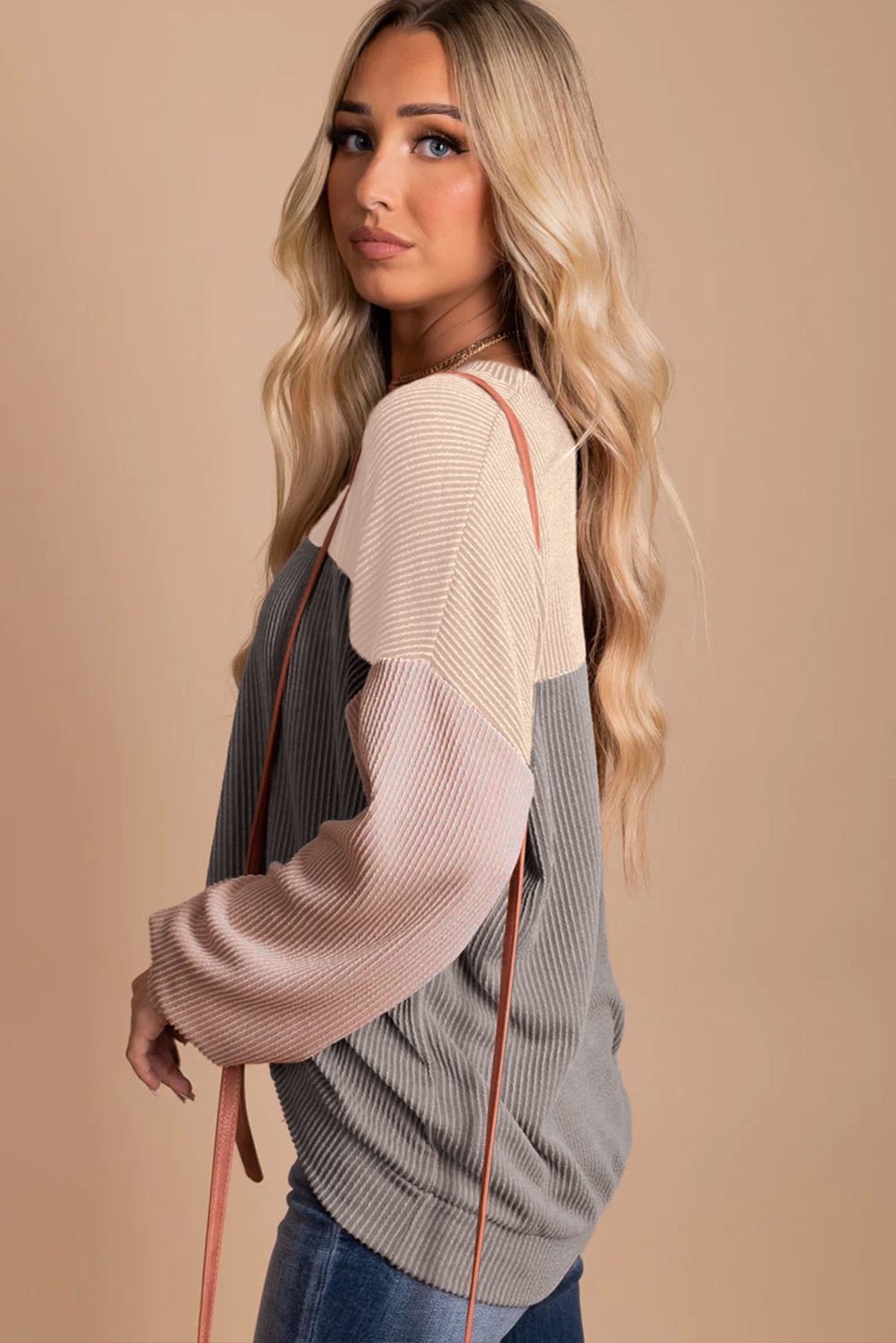 Multicolor Color Block Long Sleeve Ribbed Loose Top