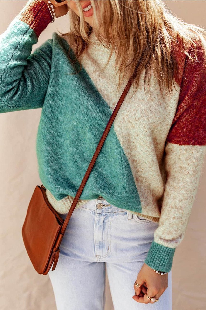 Multicolor Colorblock Ribbed Trim Round Neck Sweater