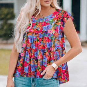 Multicolor Floral Print Ruffle Tiered Short Sleeve Babydoll Top