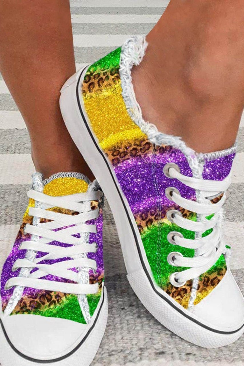 Multicolor Leopard Color Block Lace-Up Canvas Shoes