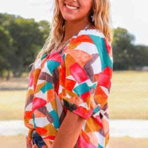 Multicolor Square Neck Abstract Print Short Sleeve Blouse