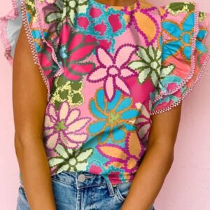Multicolor Vibrant Floral Print Trimmed Ruffle Sleeve Blouse