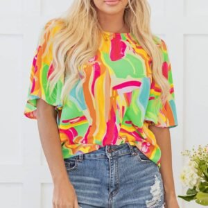 Multicolour Abstract Print Keyhole Back Pleated Half Sleeve Blouse