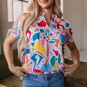 Multicolour Abstract Print Lace Detail Shirred Short Sleeve Split Neck Blouse