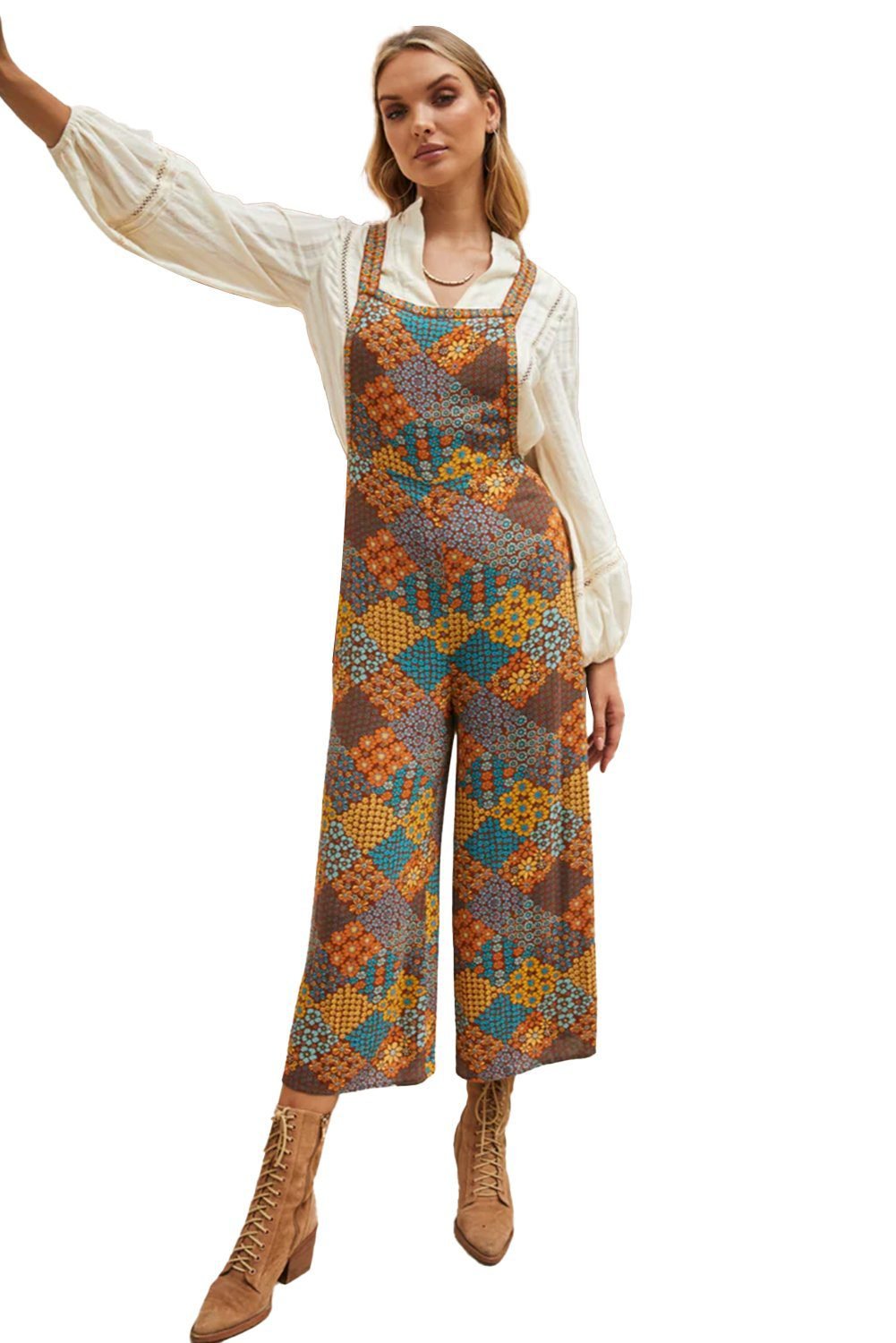 Multicolour Boho Floral Print Crossed Straps Ankle-Length Jumpsuit
