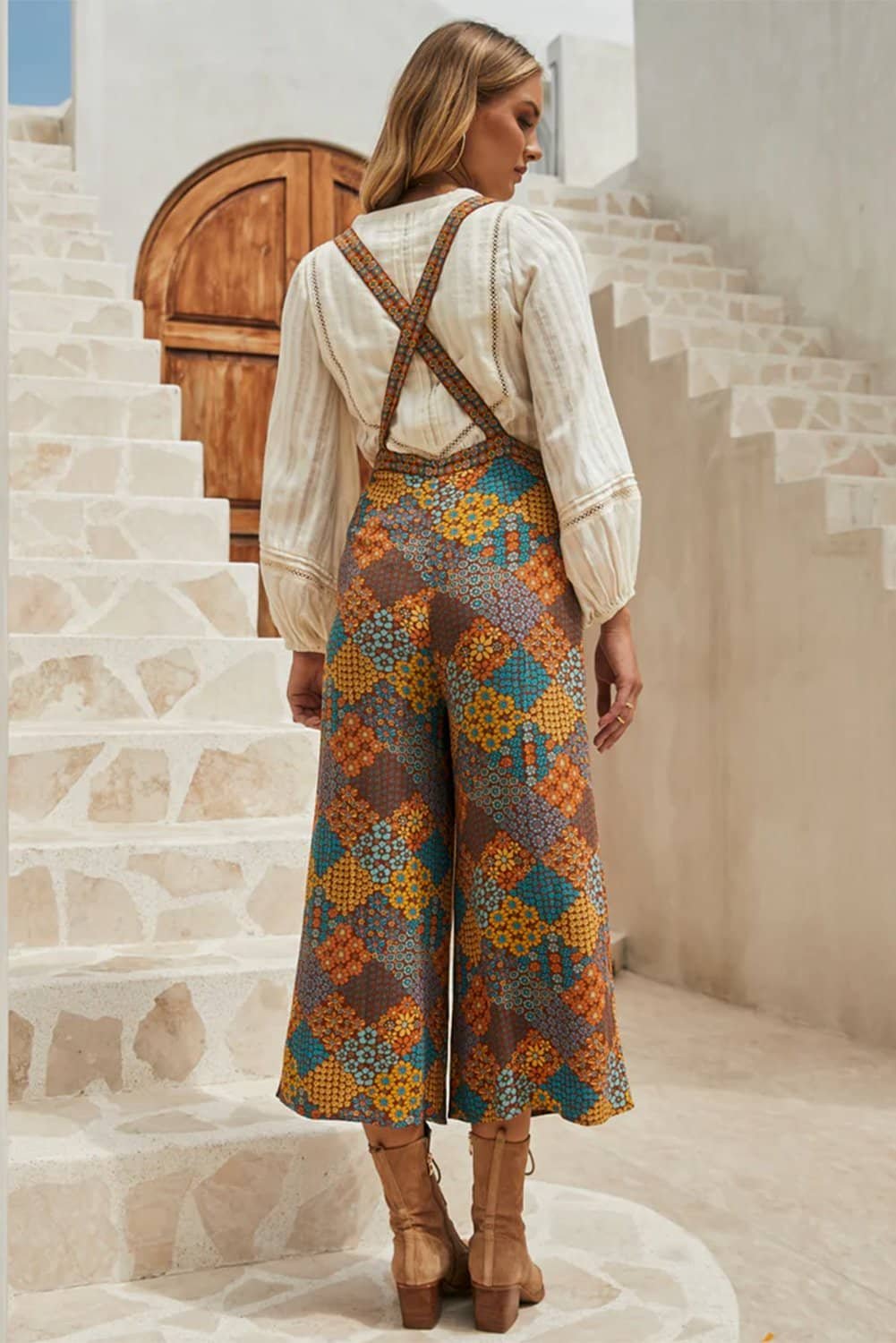 Multicolour Boho Floral Print Crossed Straps Ankle-Length Jumpsuit
