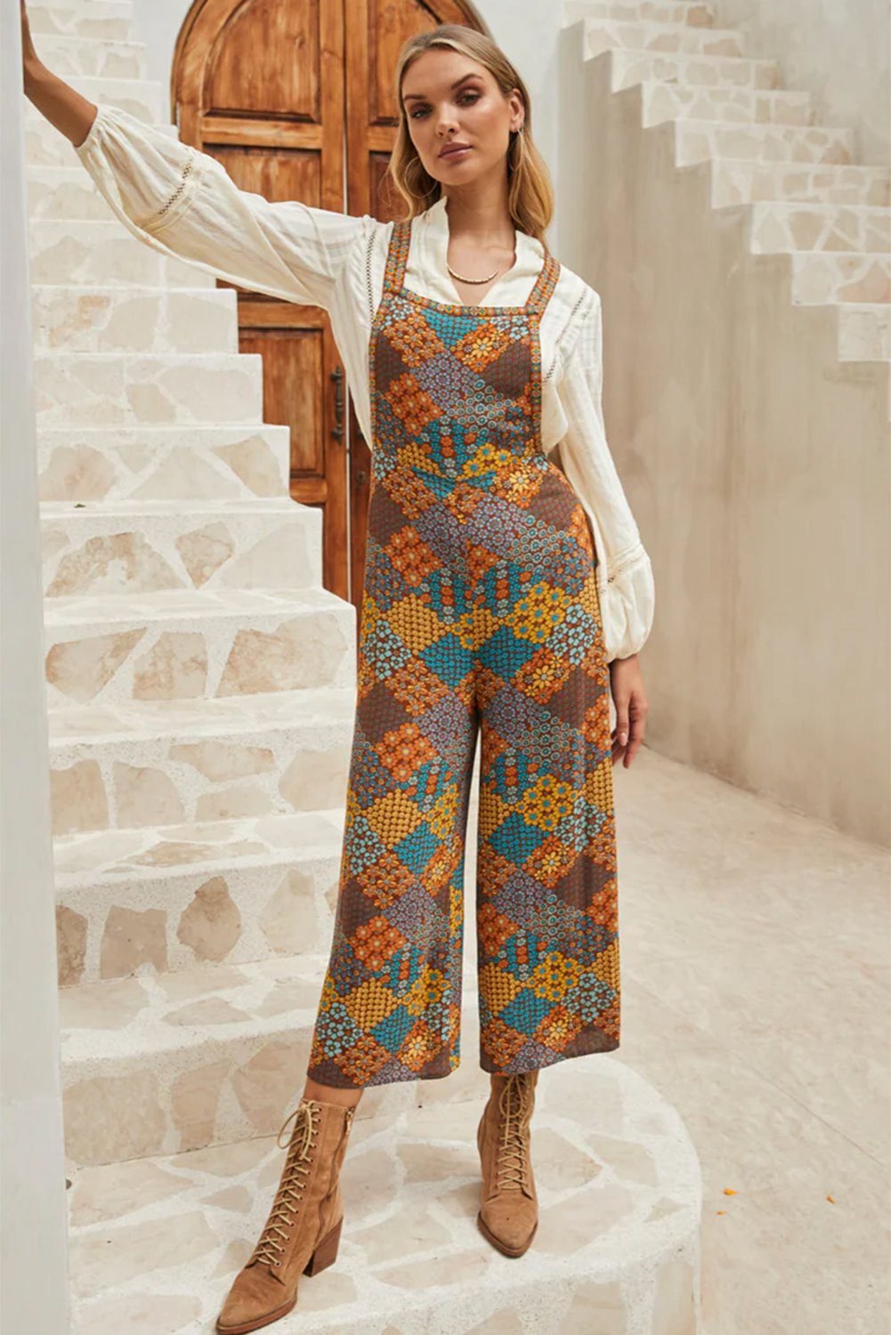 Multicolour Boho Floral Print Crossed Straps Ankle-Length Jumpsuit