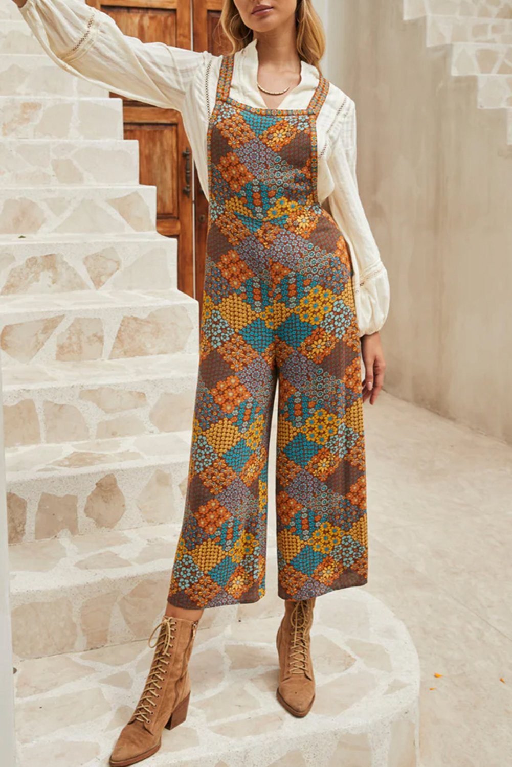 Multicolour Boho Floral Print Crossed Straps Ankle-Length Jumpsuit