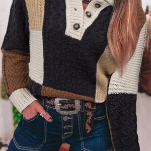 Multicolour Color Block Cable Knit Sleeve Buttons Collared Sweater