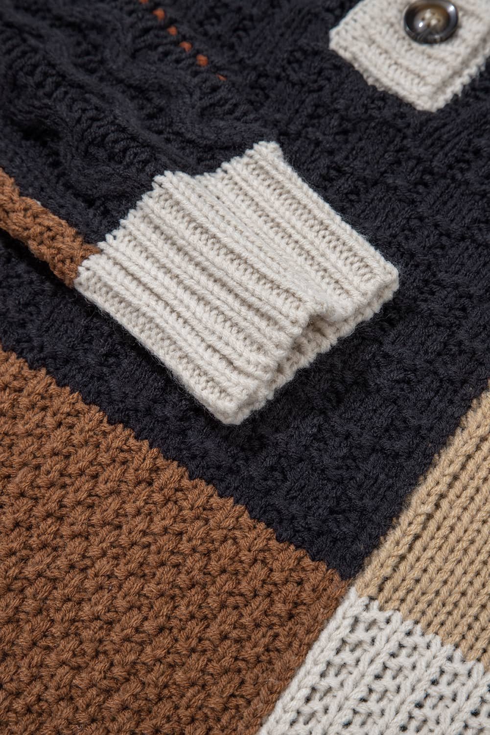 Multicolour Color Block Cable Knit Sleeve Buttons Collared Sweater