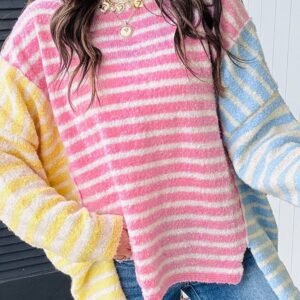Multicolour Color Block Striped Patchwork Dolman Sleeve Slit Sweater