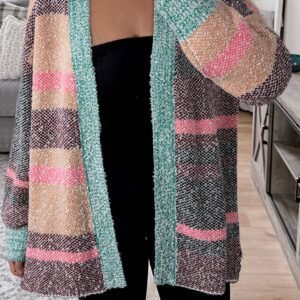 Multicolour Color Block Striped Side Slit Open Front Cardigan