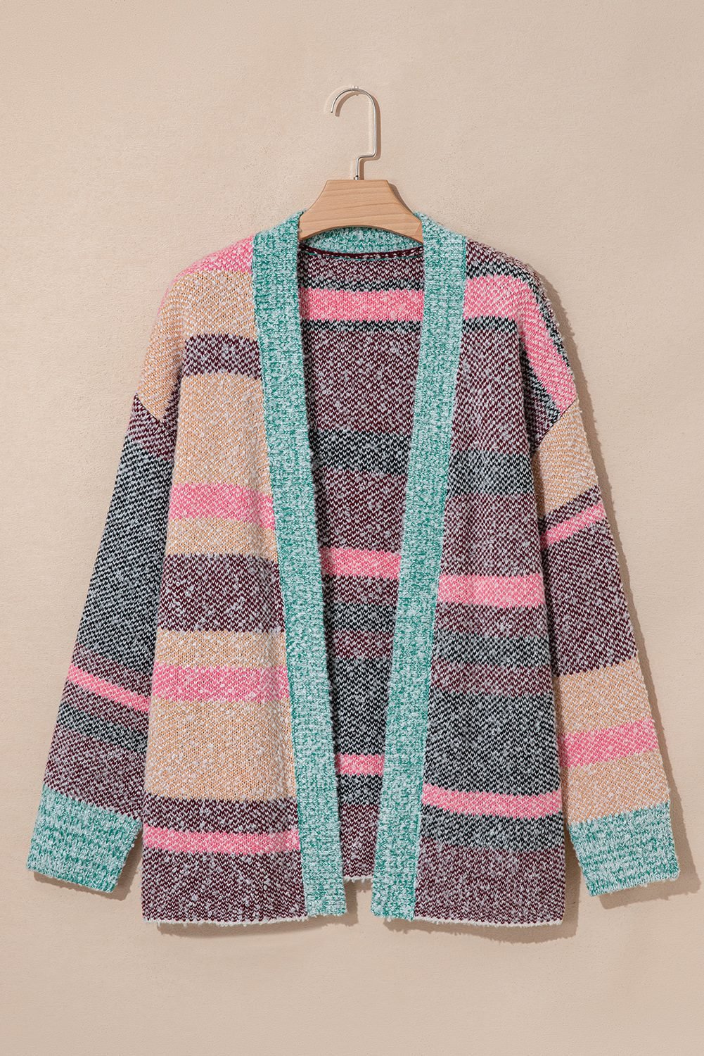 Multicolour Color Block Striped Side Slit Open Front Cardigan