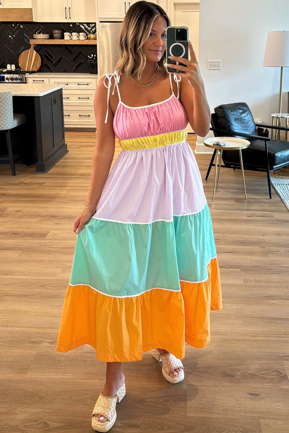 Multicolour Colorblock Self-Tie Straps High Waist Flowy Maxi Dress With Pockets