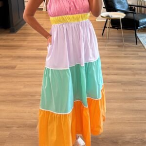 Multicolour Colorblock Self-Tie Straps High Waist Flowy Maxi Dress With Pockets