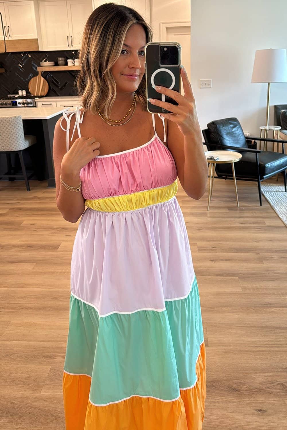 Multicolour Colorblock Self-Tie Straps High Waist Flowy Maxi Dress With Pockets