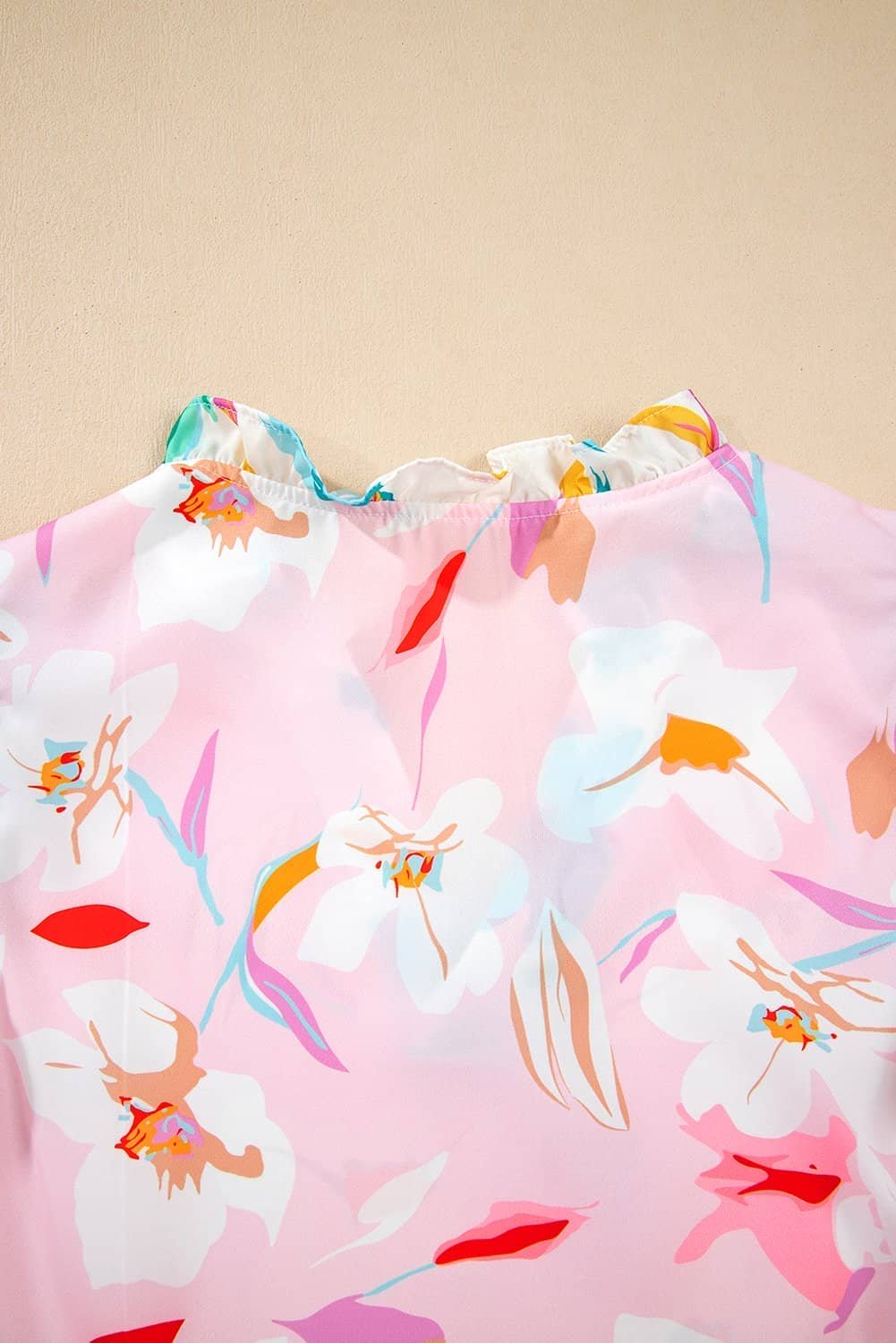 Multicolour Contrast Floral Patchwork Notched Neck Flutter Sleeve Blouse