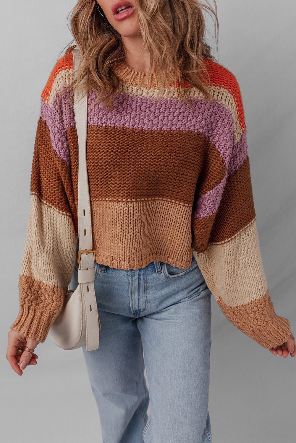 Multicolour Cropped Colorblock Drop Shoulder Knitted Sweater