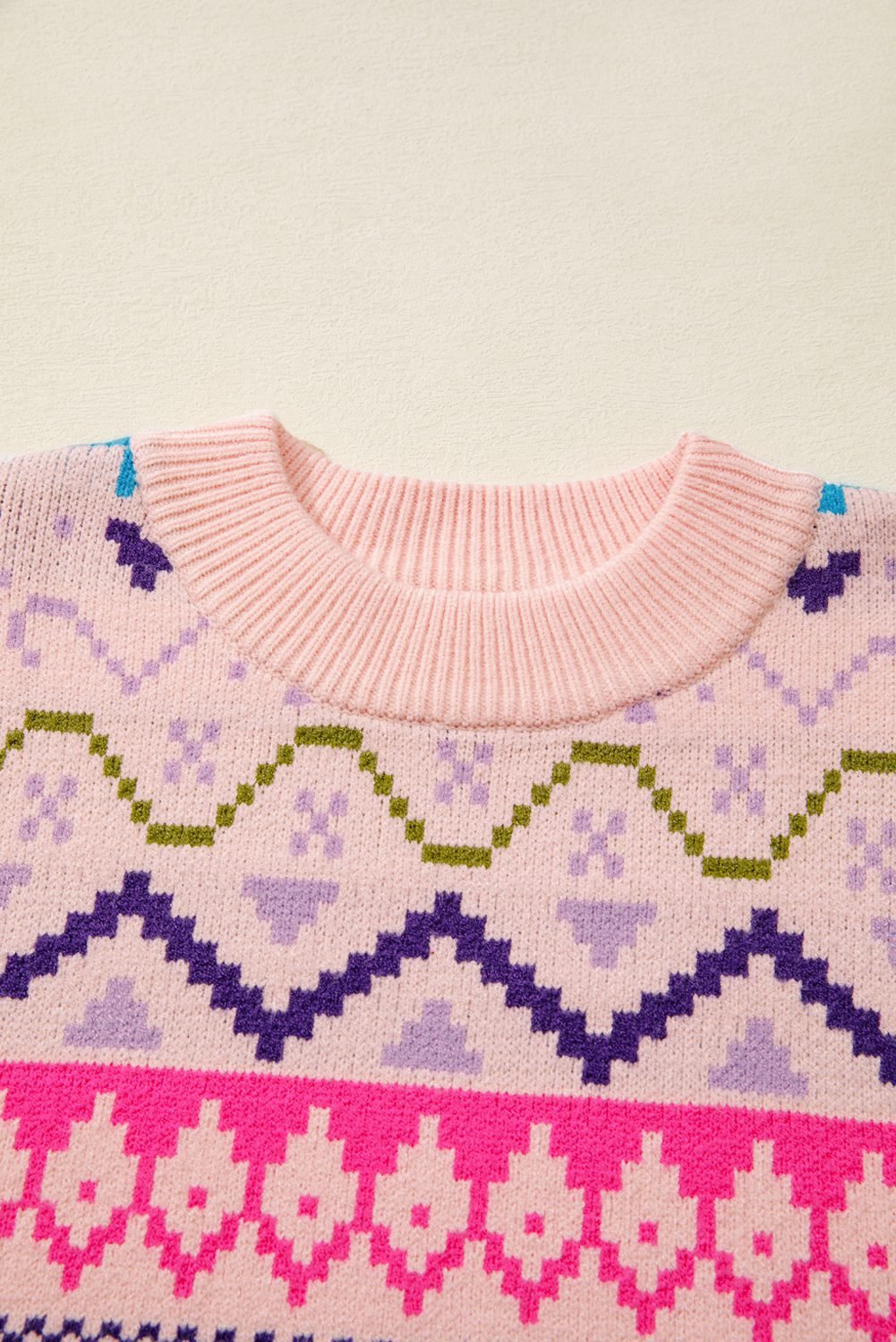 Multicolour Ethnic Christmas Pattern Knit Feather Cuffed Sweater