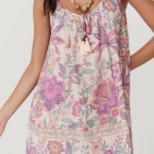 Multicolour Floral Print Fringed Tie U Neck Sleeveless Mini Dress