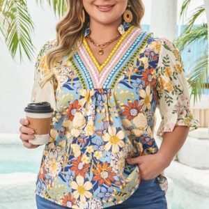 Multicolour Plus Size Floral Print Woven V Neck Half Sleeve Blouse