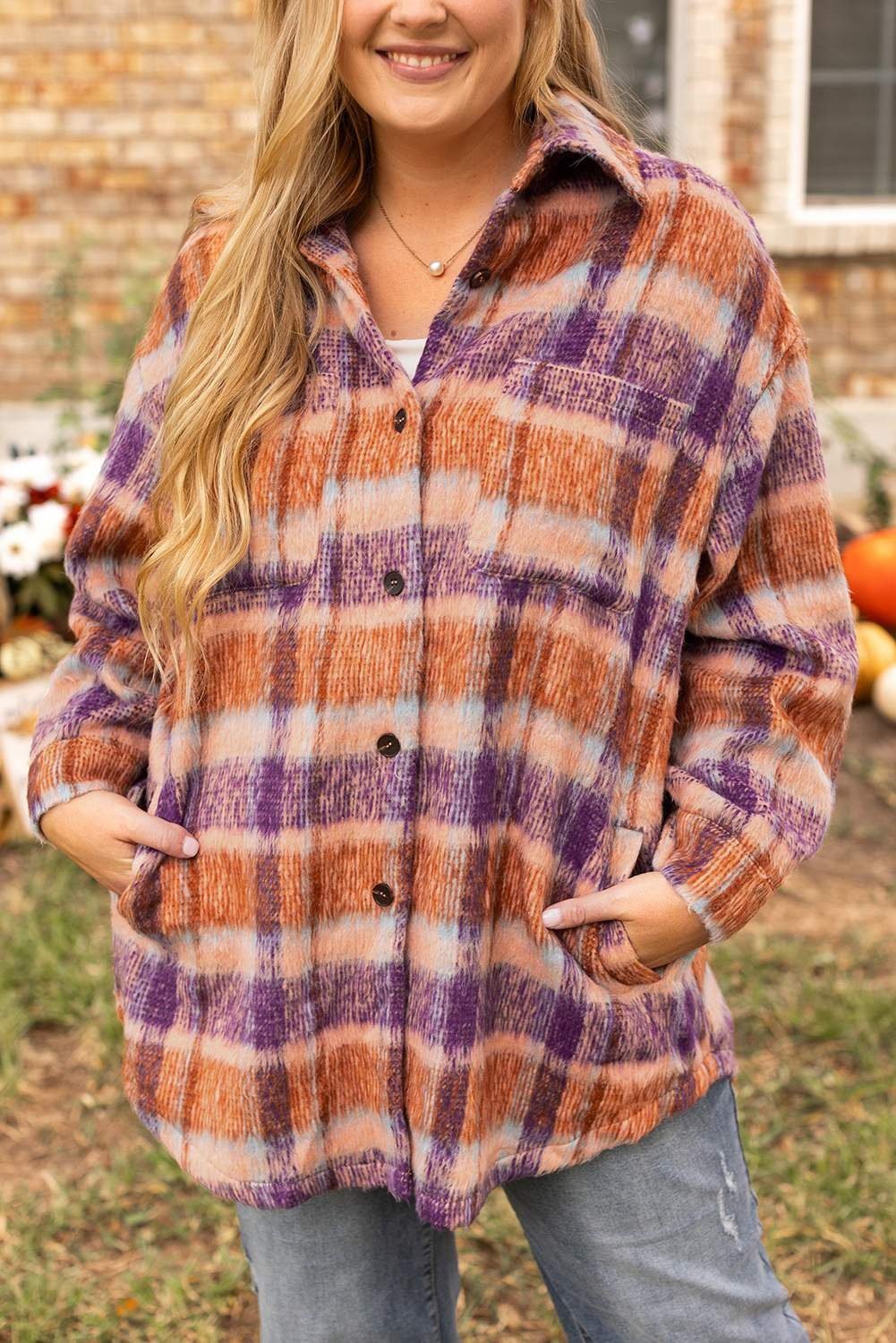 Multicolour Plus Size Plaid Print Collared Button Up Jacket