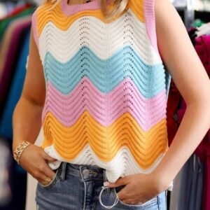 Multicolour Striped Colorblock Scalloped Hem Knitted Vest