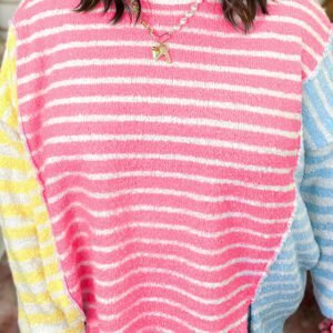 Multicolour Striped Exposed Seam Colorblock Patchwork Plus Size Sweater