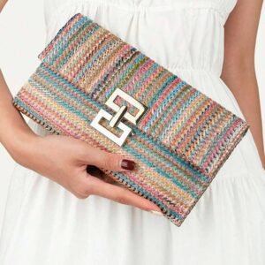 Multicolour Woven Metal Clasp Flap Handbag