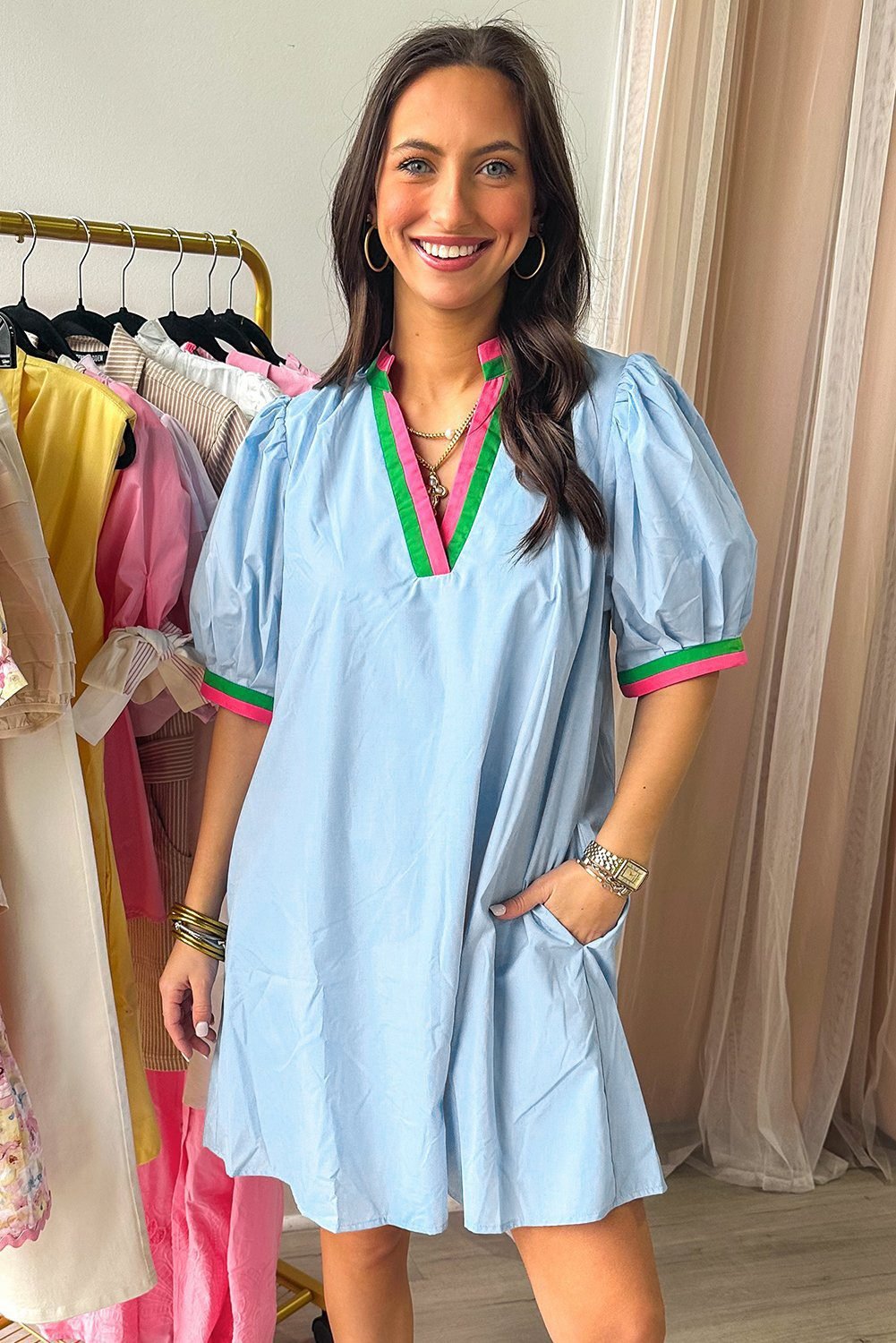 Myosotis Contrast Striped Notched V Neck Puff Sleeve Mini Dress