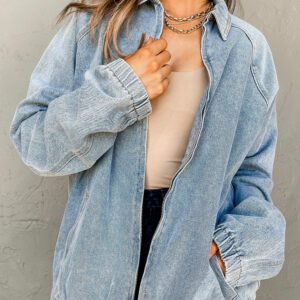 Myosotis Elastic Edge Collared Zip Up Denim Jacket With Pocket