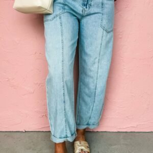 Myosotis Exposed Stitch Detail Drawstring Barrel Jeans