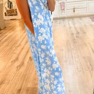 Myosotis Floral Print Half Button Wide Leg Relaxed Sleeveless Jumpsuit