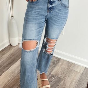Myosotis Raw Hem Ripped Open Knee Fit Flare Jeans