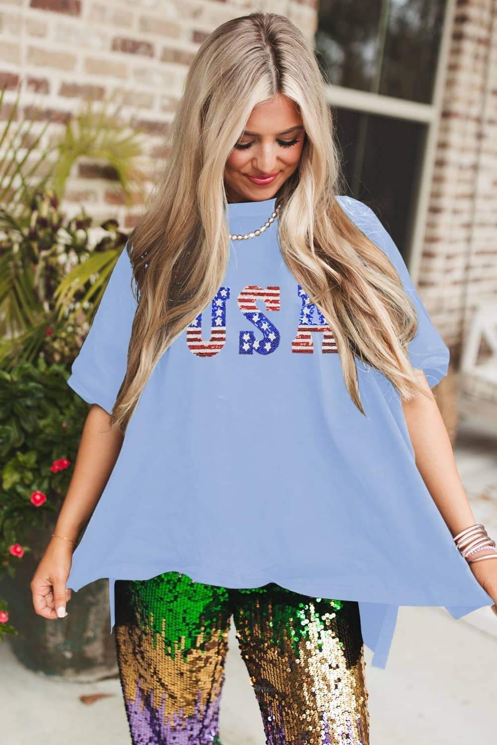 Myosotis Usa Patched Drop Sleeve Crewneck T Shirt