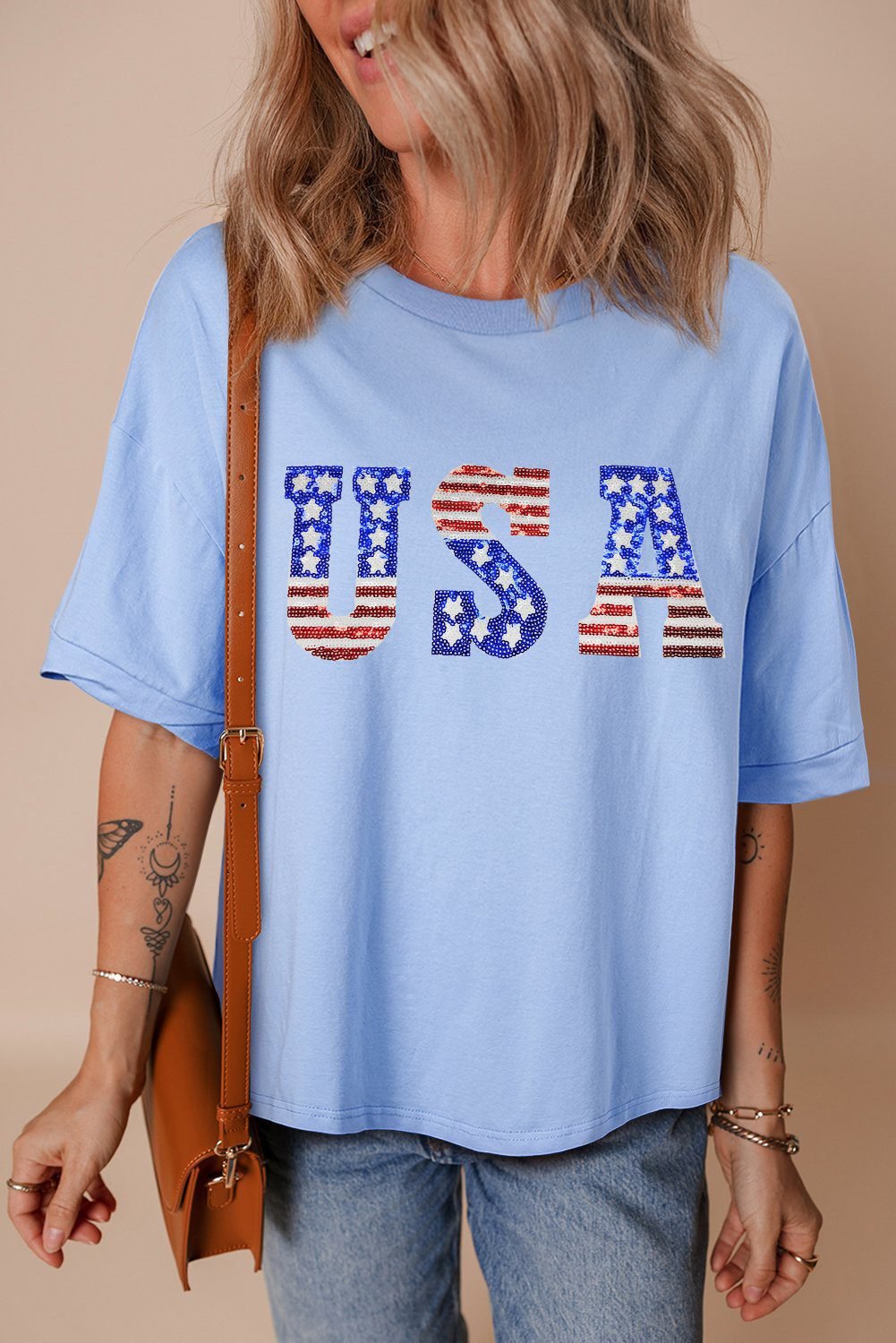 Myosotis Usa Patched Drop Sleeve Crewneck T Shirt